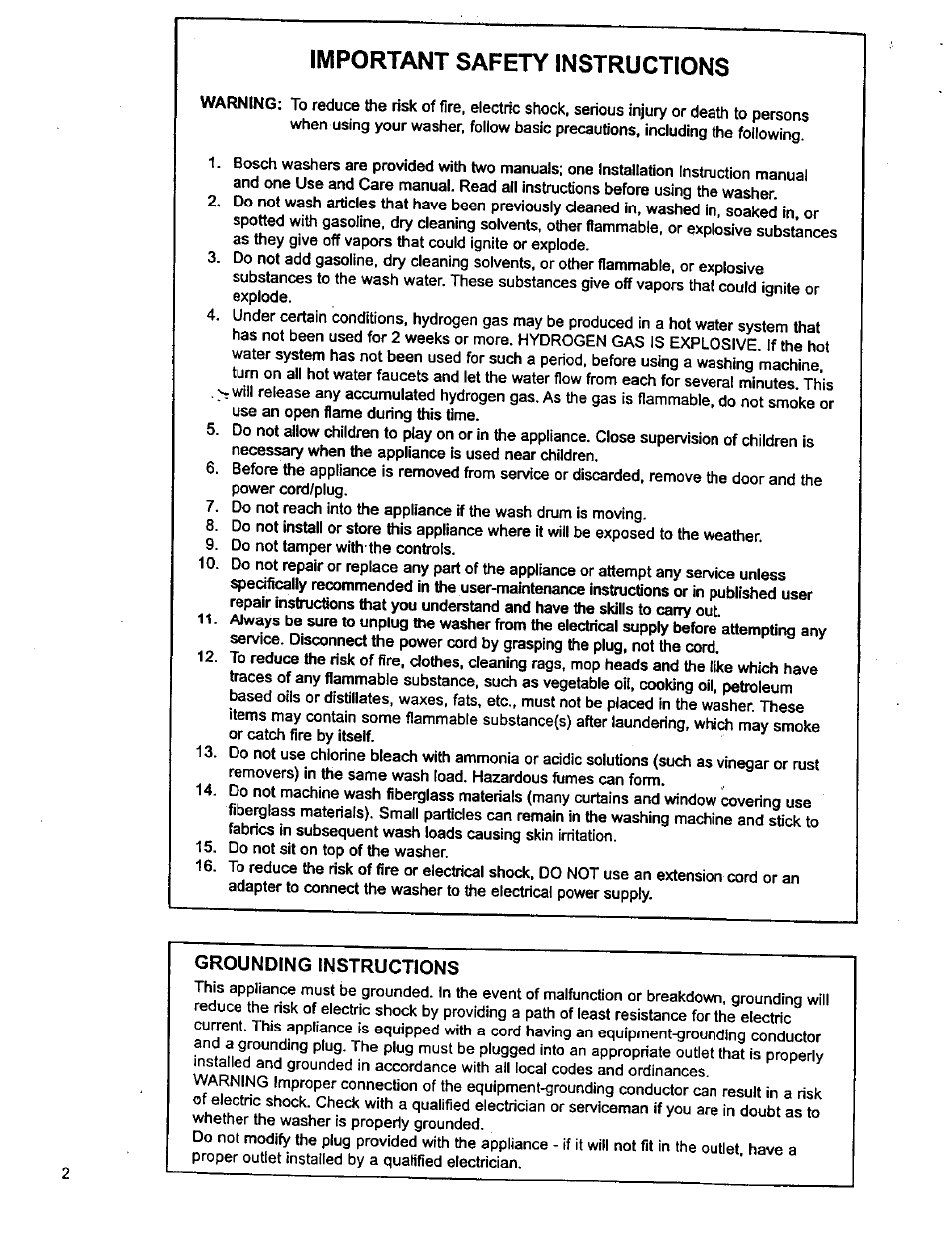 Important safety instructions, Grounding instructions | Bosch WFK 2401 User Manual | Page 2 / 16