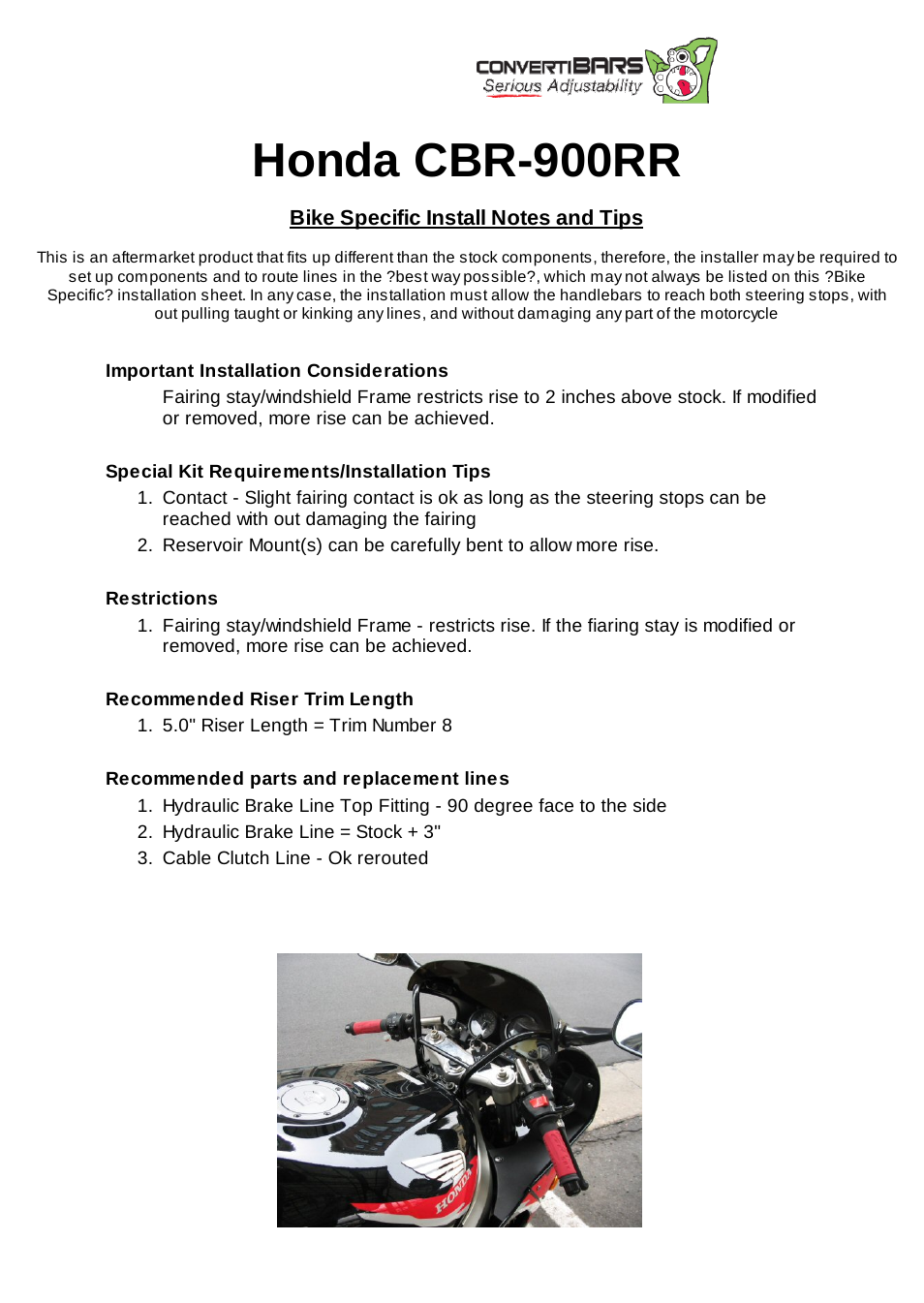 ConvertiBARS Honda: CBR-900RR User Manual | 1 page