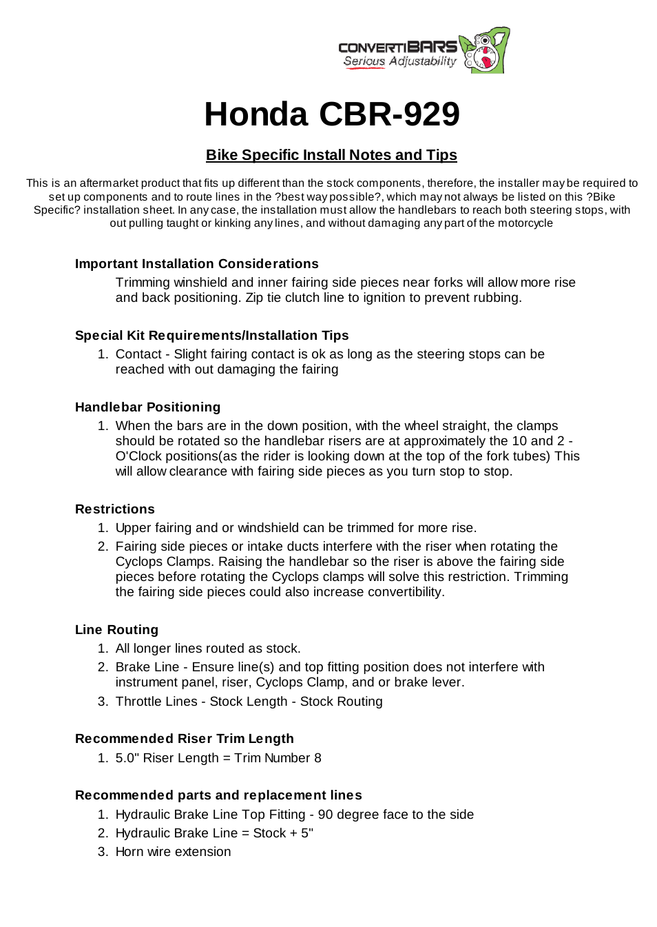 ConvertiBARS Honda: CBR-929 User Manual | 2 pages