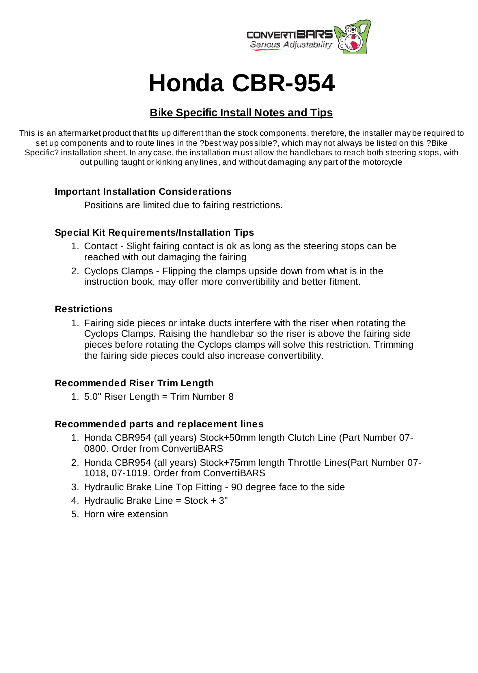 ConvertiBARS Honda: CBR-954 User Manual | 2 pages