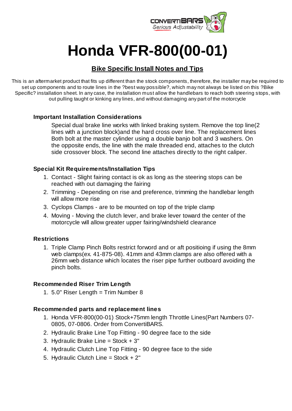 ConvertiBARS Honda: VFR-800(00-01) User Manual | 1 page