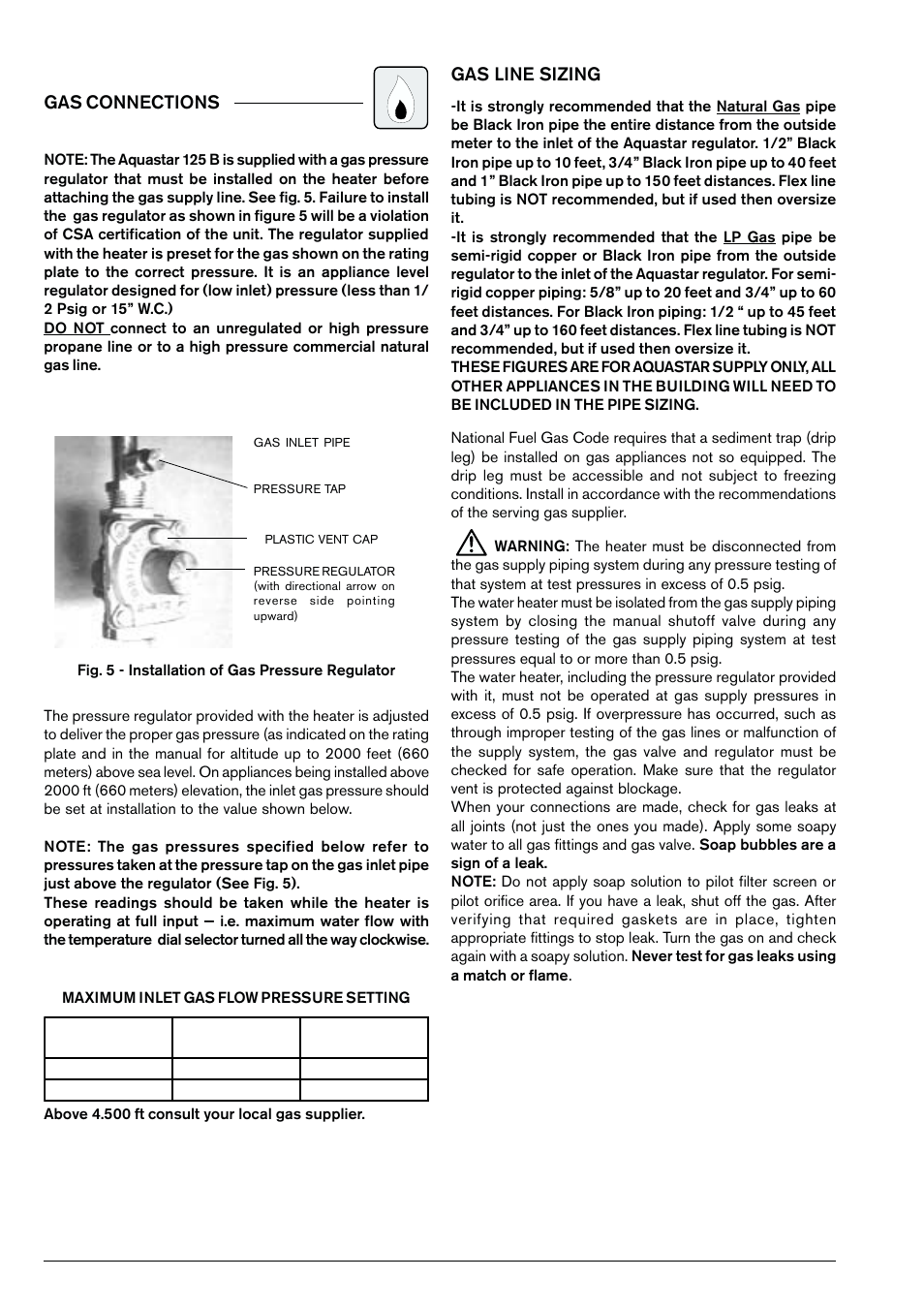 Gas line sizing, Gas connections | Bosch 125B NG User Manual | Page 10 / 24