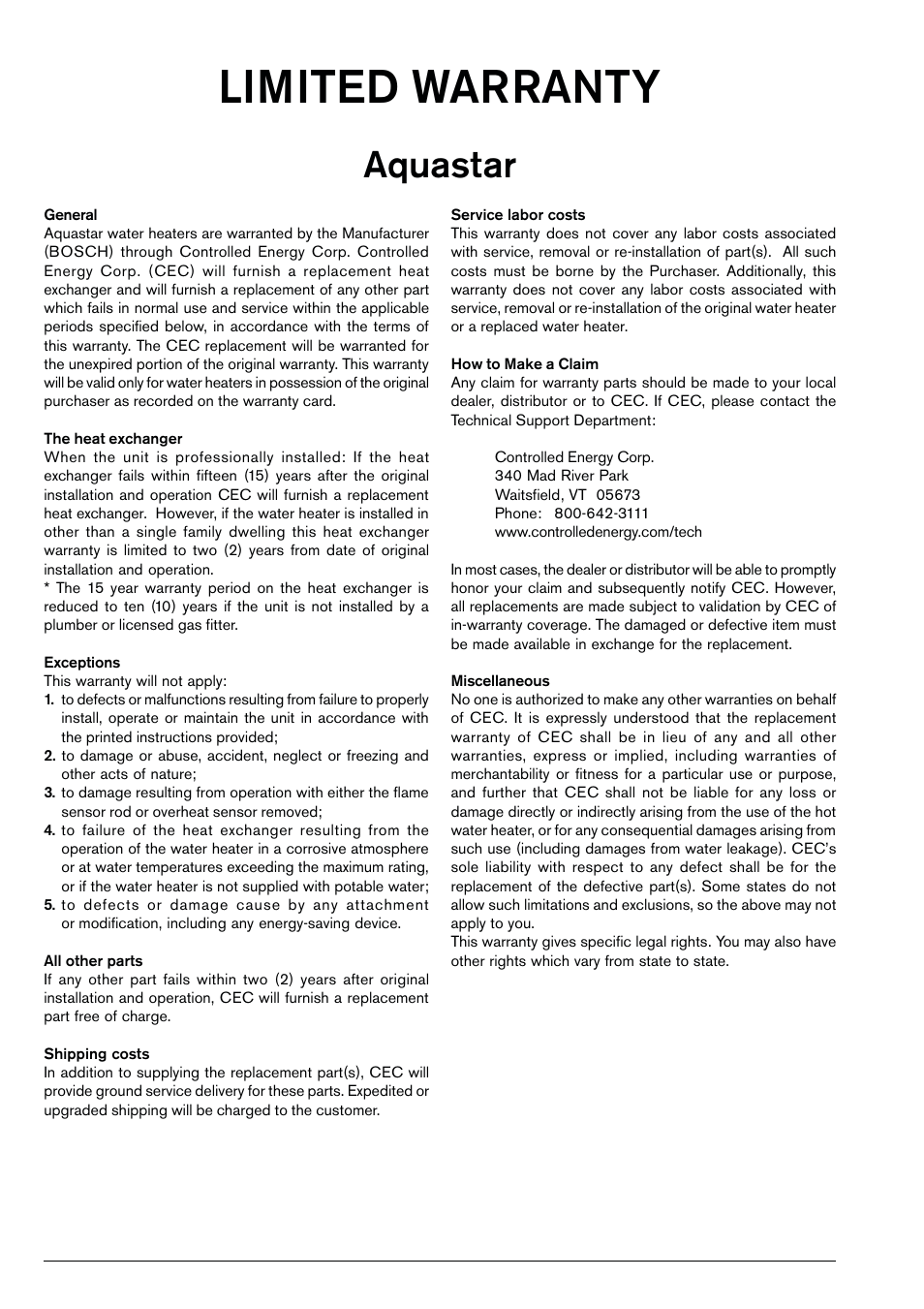 Limited warranty, Aquastar | Bosch 125B NG User Manual | Page 22 / 24