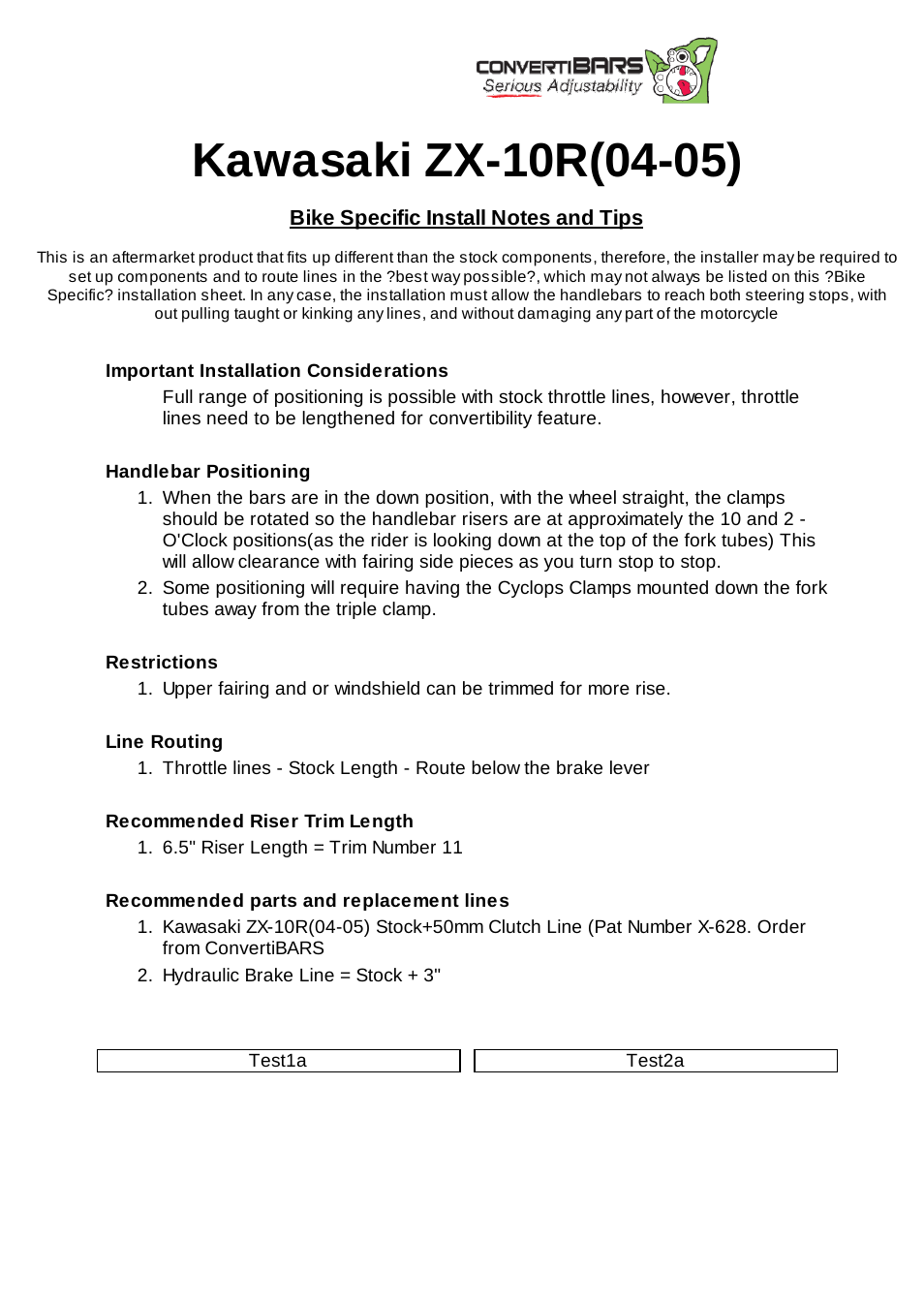 ConvertiBARS Kawasaki: ZX-10R(04-05) User Manual | 2 pages