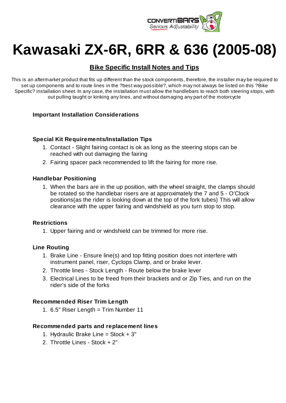 ConvertiBARS Kawasaki: ZX-6R, 6RR & 636 (2005-08) User Manual | 2 pages