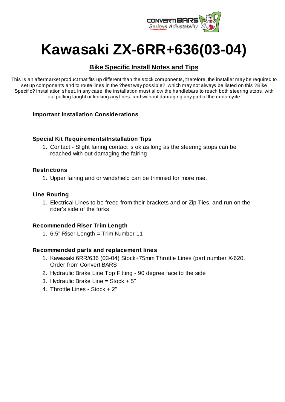 ConvertiBARS Kawasaki: ZX-6RR+636(03-04) User Manual | 2 pages