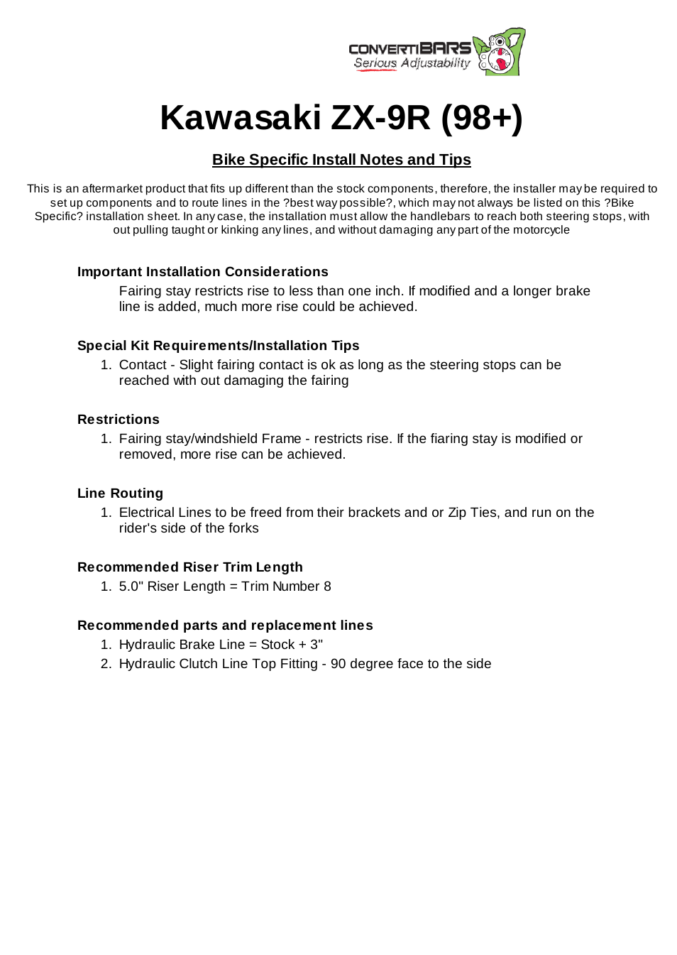 ConvertiBARS Kawasaki: ZX-9R (98+) User Manual | 1 page