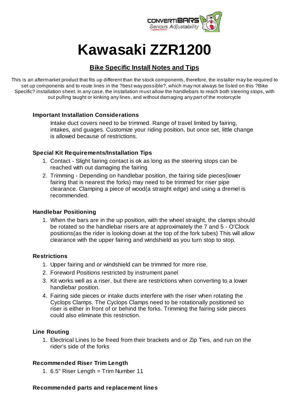 ConvertiBARS Kawasaki: ZZR1200 User Manual | 2 pages