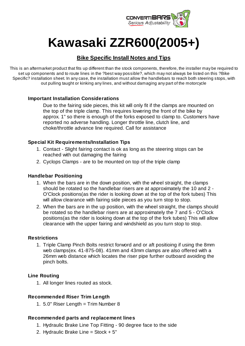 ConvertiBARS Kawasaki: ZZR600(2005+) User Manual | 2 pages