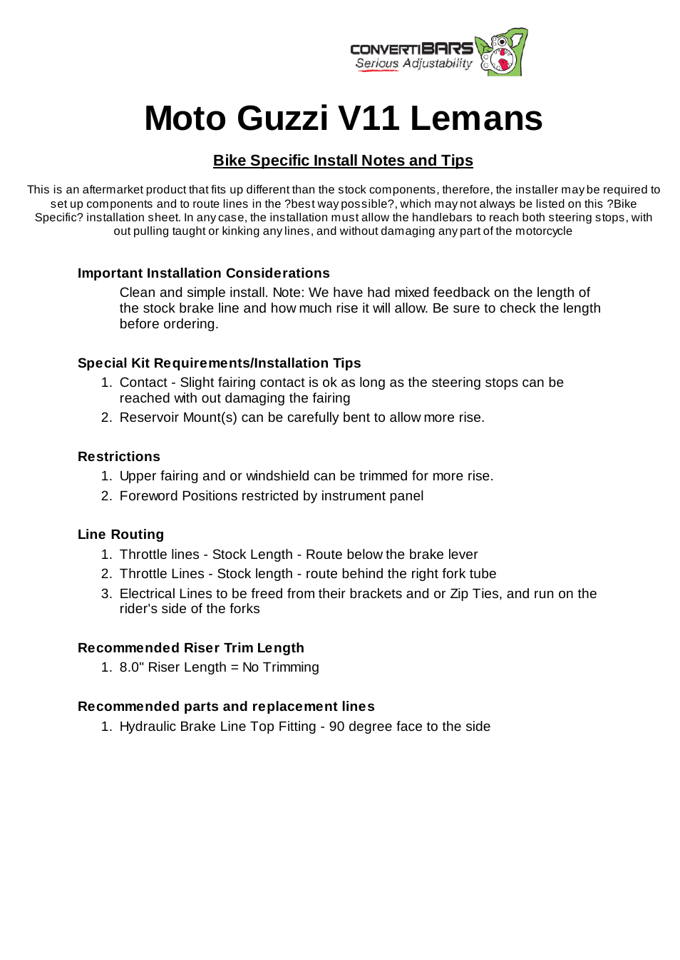 ConvertiBARS Moto Guzzi: V11 Lemans User Manual | 2 pages