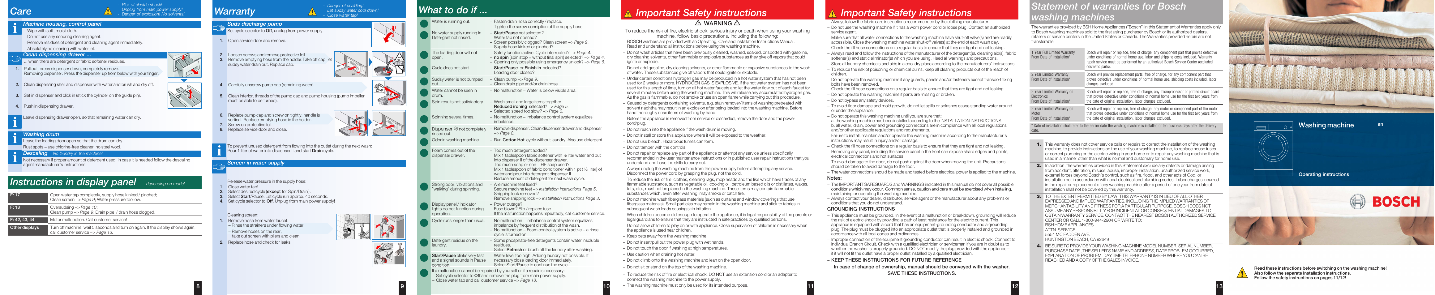 Care, Instructions in display panel, Warranty | What to do if ... f, Important safety instructions, Statement of warranties for bosch washing machines, Washing machine | Bosch WAS24460UC User Manual | Page 2 / 10