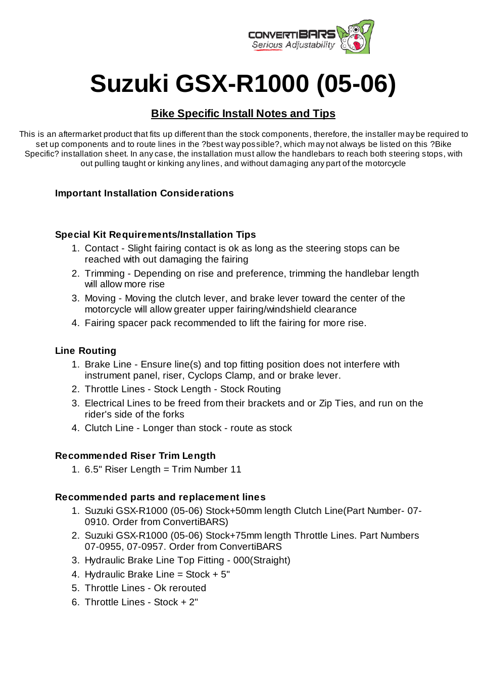 ConvertiBARS Suzuki: GSX-R1000 (05-06) User Manual | 2 pages