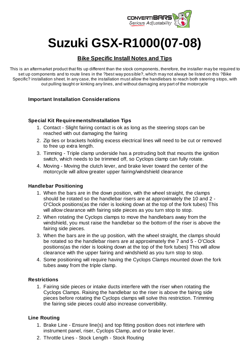 ConvertiBARS Suzuki: GSX-R1000 (07-08) User Manual | 2 pages