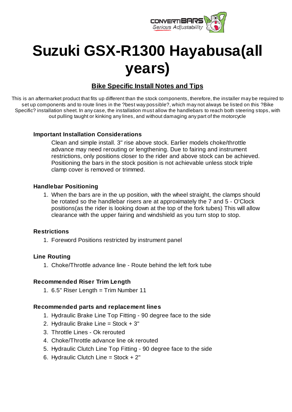 ConvertiBARS Suzuki: GSX-R1300 Hayabusa(all years) User Manual | 2 pages