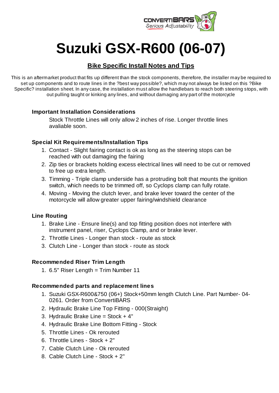 ConvertiBARS Suzuki: GSX-R600 (06-07) User Manual | 2 pages