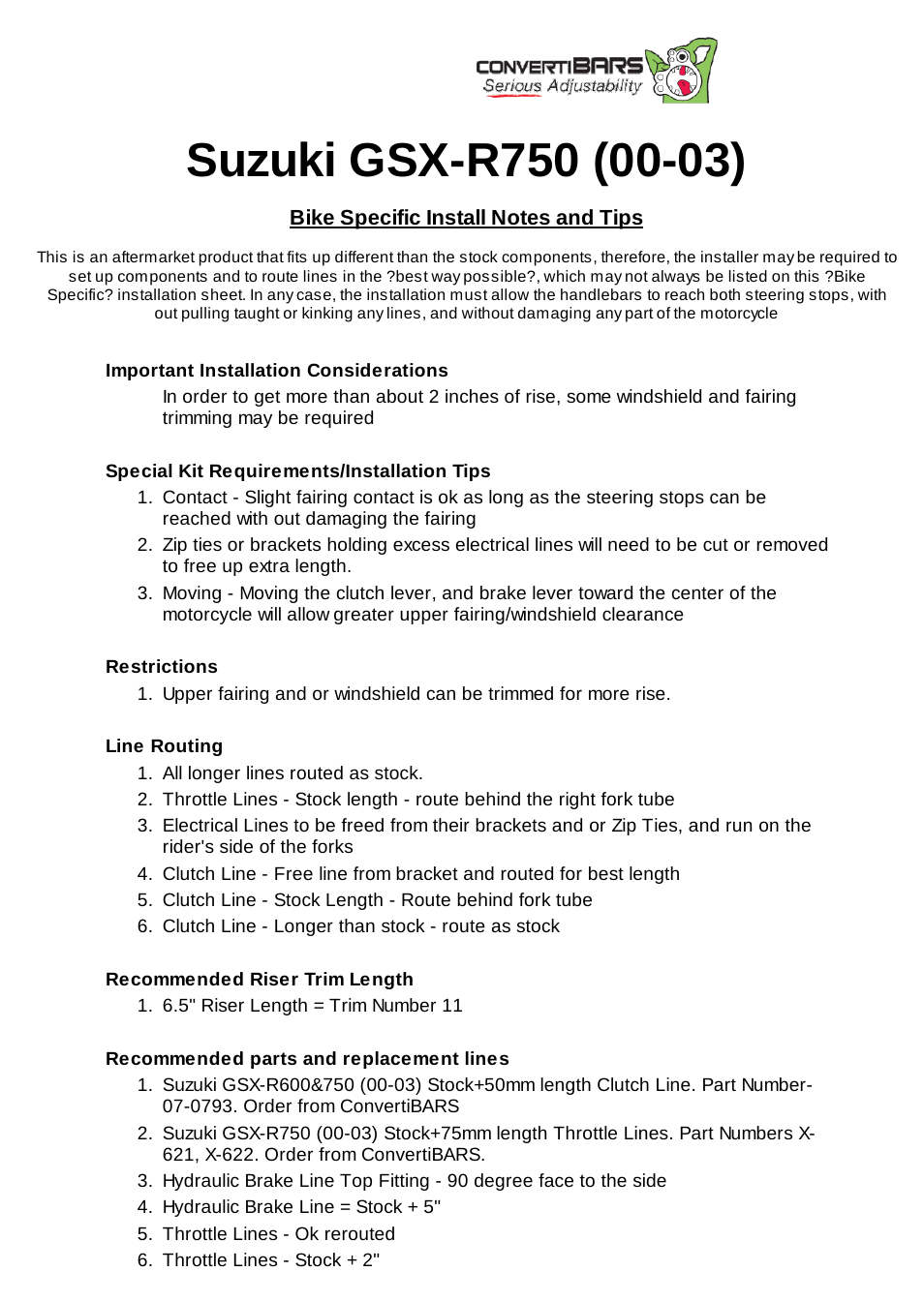 ConvertiBARS Suzuki: GSX-R750 (00-03) User Manual | 2 pages