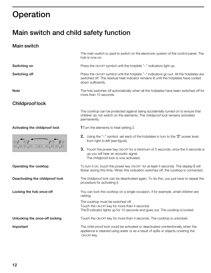 Operation, Main switch and child safety function, Main switch | Childproof lock | Bosch NIT8053UC User Manual | Page 12 / 69