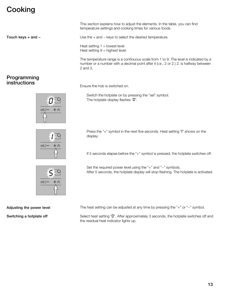 Cooking, Programming instructions | Bosch NIT8053UC User Manual | Page 13 / 69