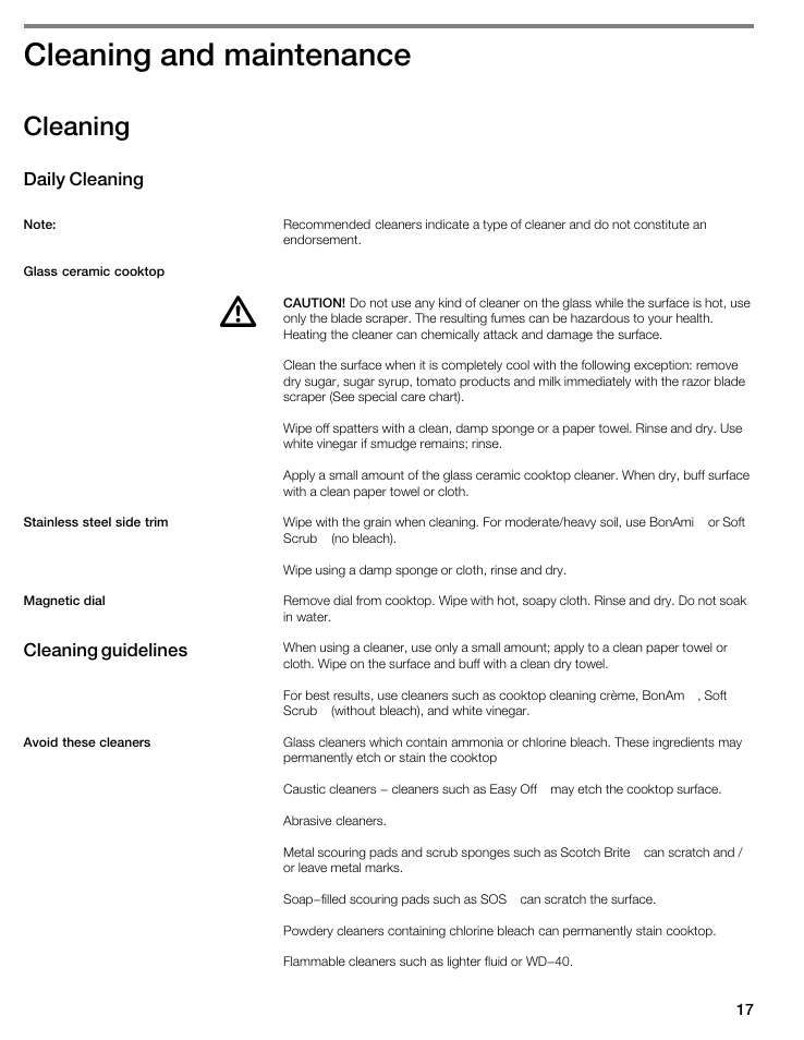 Cleaning and maintenance, Cleaning | Bosch NIT8053UC User Manual | Page 17 / 69