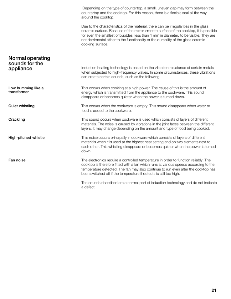 Normal operating sounds for the appliance | Bosch NIT8053UC User Manual | Page 21 / 69
