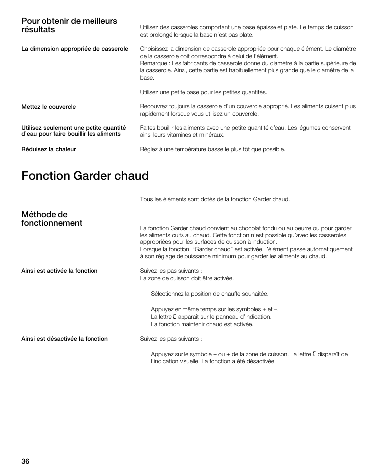 Fonction garder chaud, Pour obtenir de meilleurs résultats, Méthode de fonctionnement | Bosch NIT8053UC User Manual | Page 36 / 69