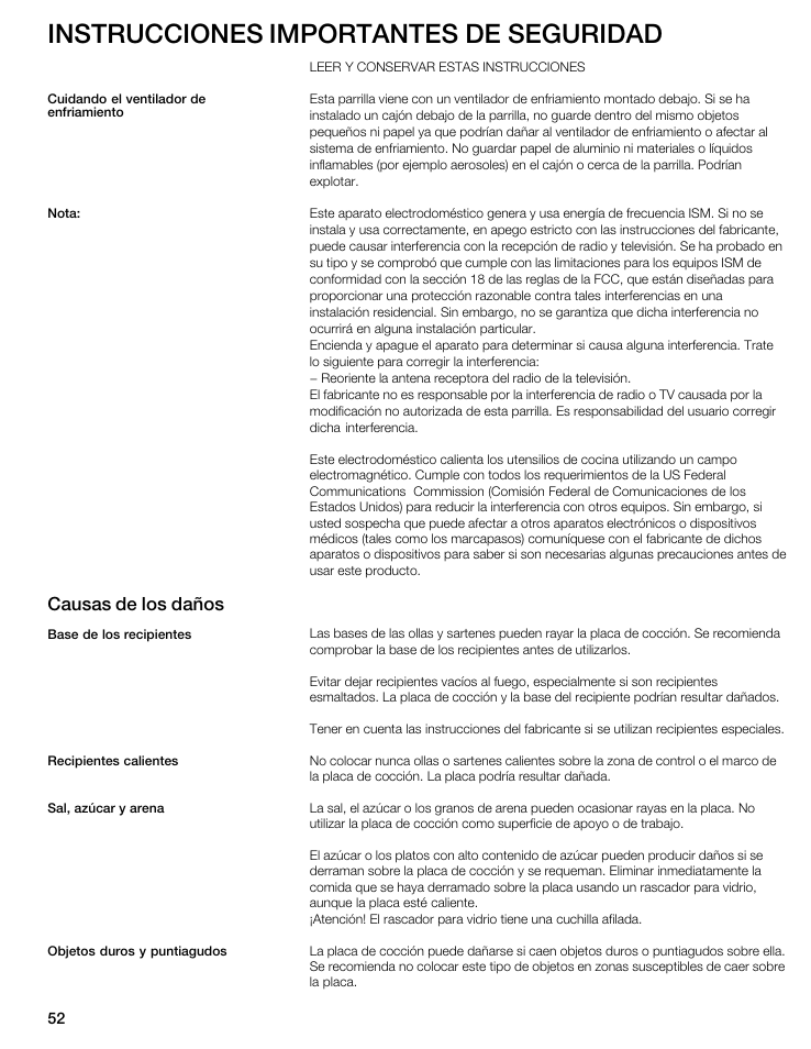 Instrucciones importantes de seguridad, Causas de los daños | Bosch NIT8053UC User Manual | Page 52 / 69