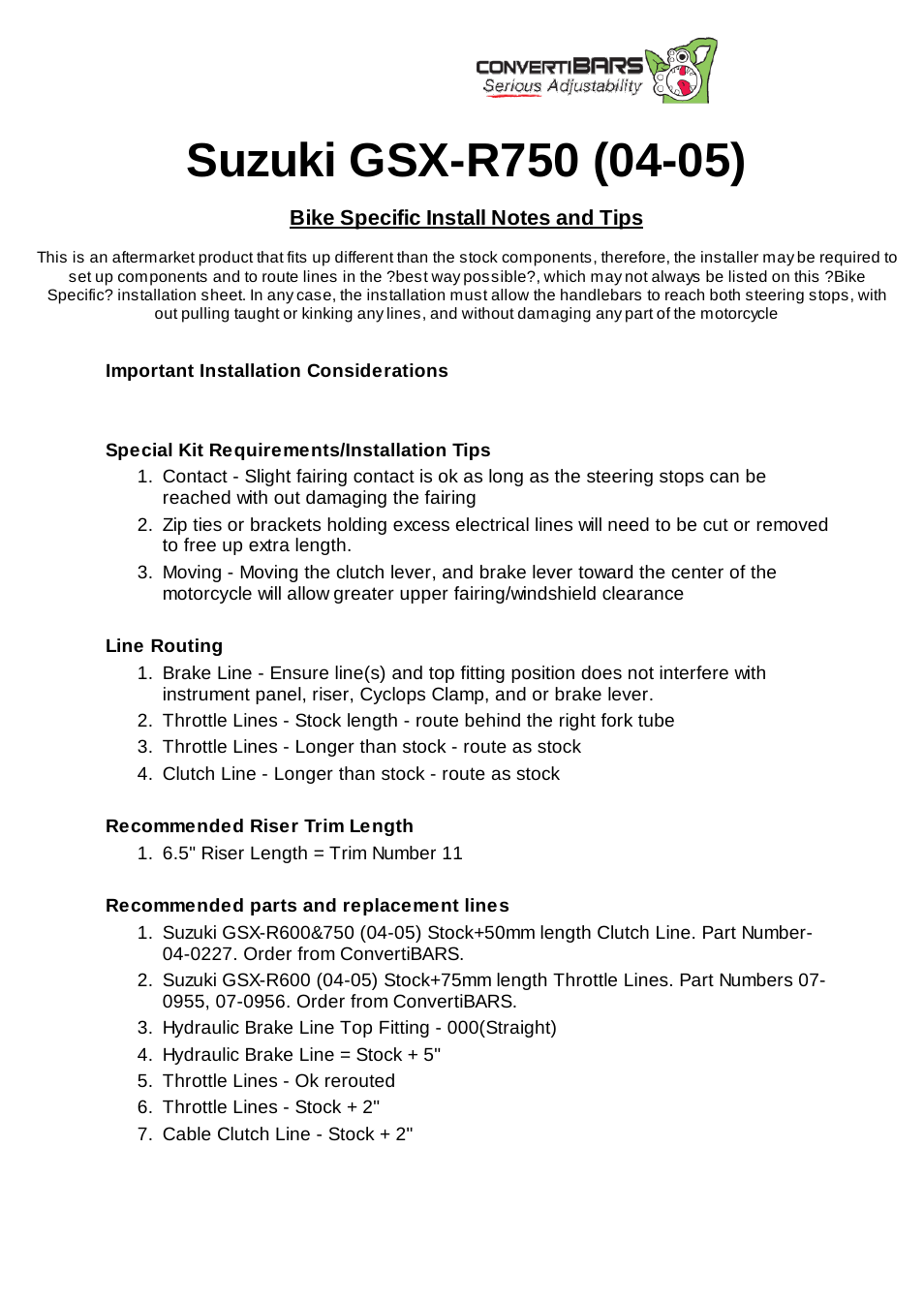 ConvertiBARS Suzuki: GSX-R750 (04-05) User Manual | 1 page