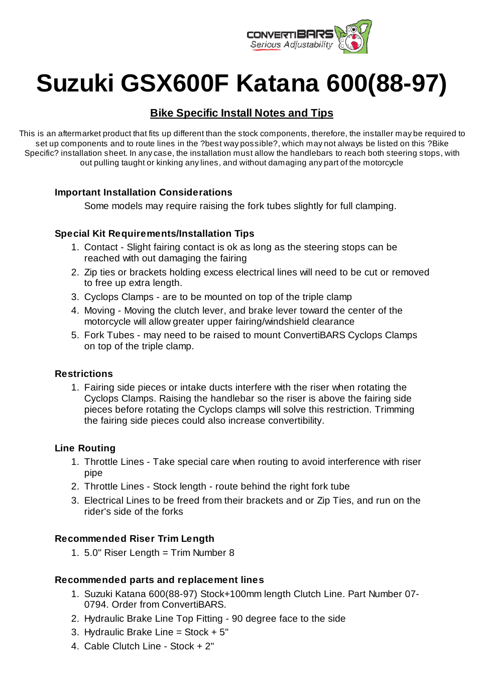 ConvertiBARS Suzuki: GSX600F Katana 600(88-97) User Manual | 2 pages