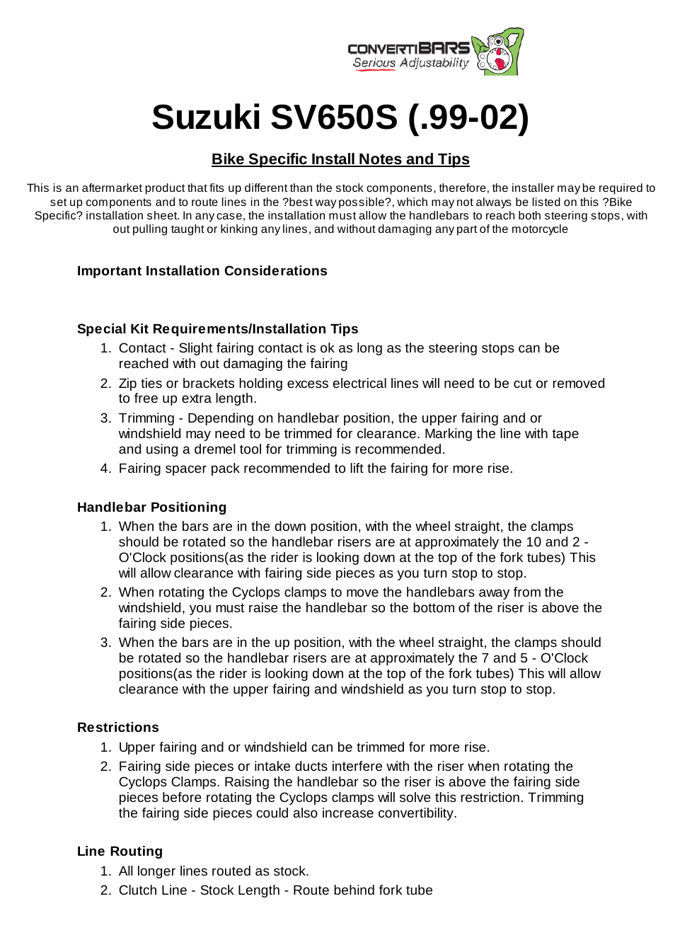 ConvertiBARS Suzuki: SV650S (.99-02) User Manual | 2 pages