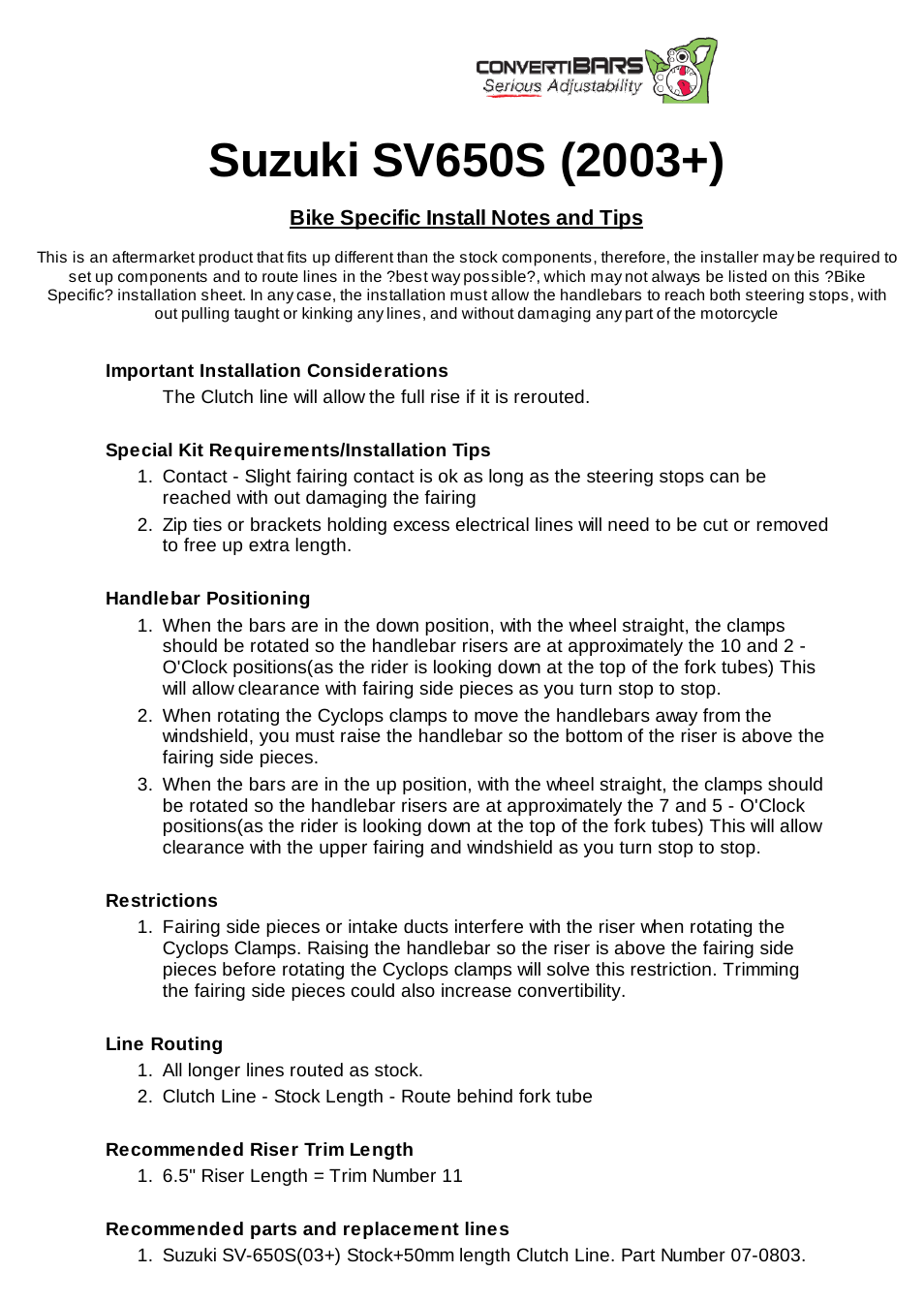 ConvertiBARS Suzuki: SV650S (2003+) User Manual | 2 pages