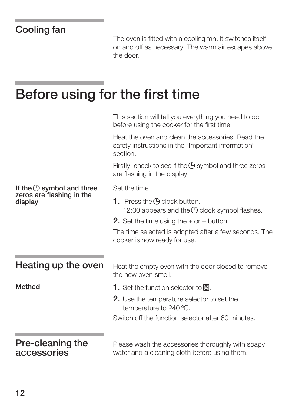 Before using for the first time, Cooling fan, Heating up the oven | Prećcleaning the accessories | Bosch HBN 1312.0 A User Manual | Page 12 / 36