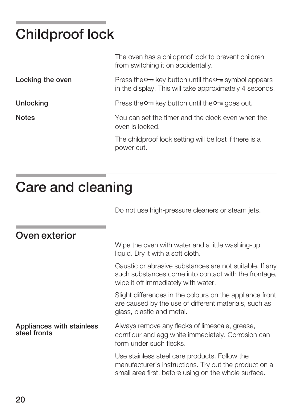 Childproof lock, Care and cleaning, Oven exterior | Bosch HBN 1312.0 A User Manual | Page 20 / 36