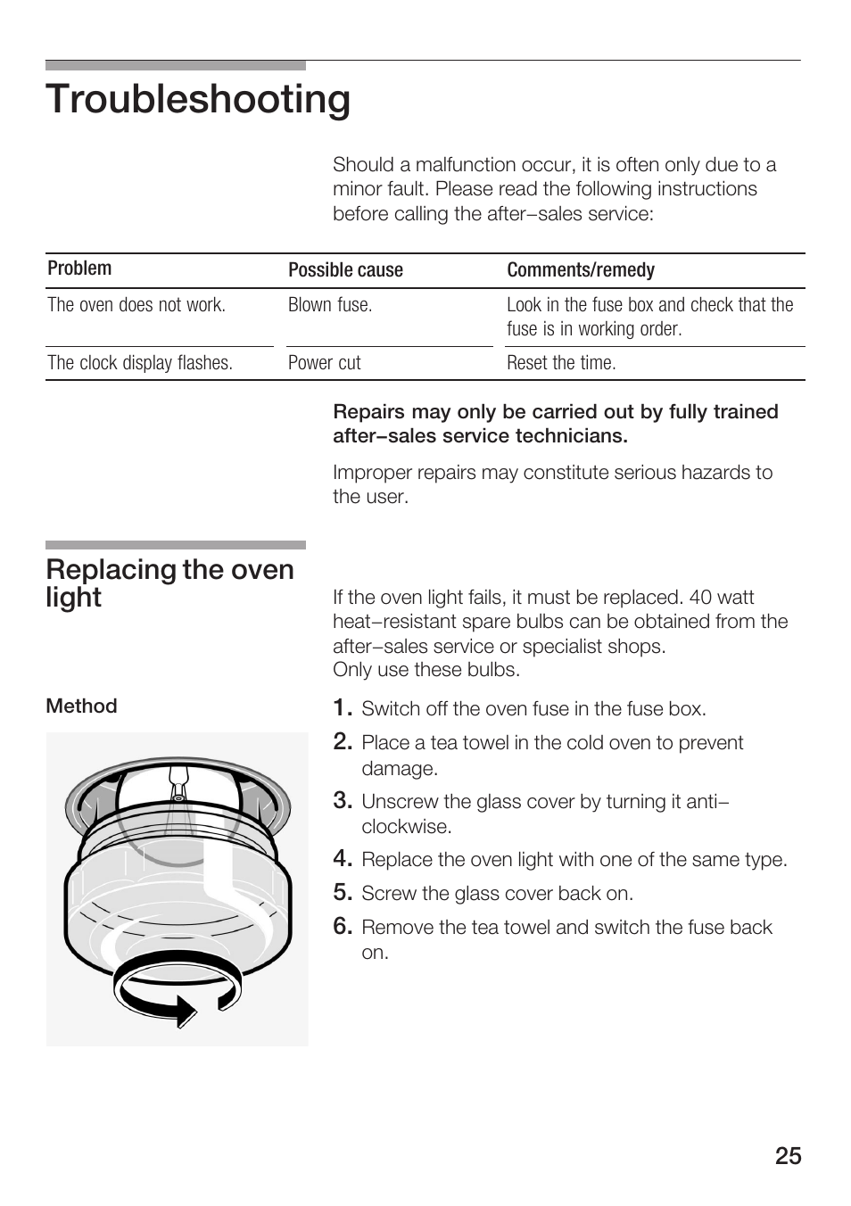 Troubleshooting, Replacing the oven light | Bosch HBN 1312.0 A User Manual | Page 25 / 36