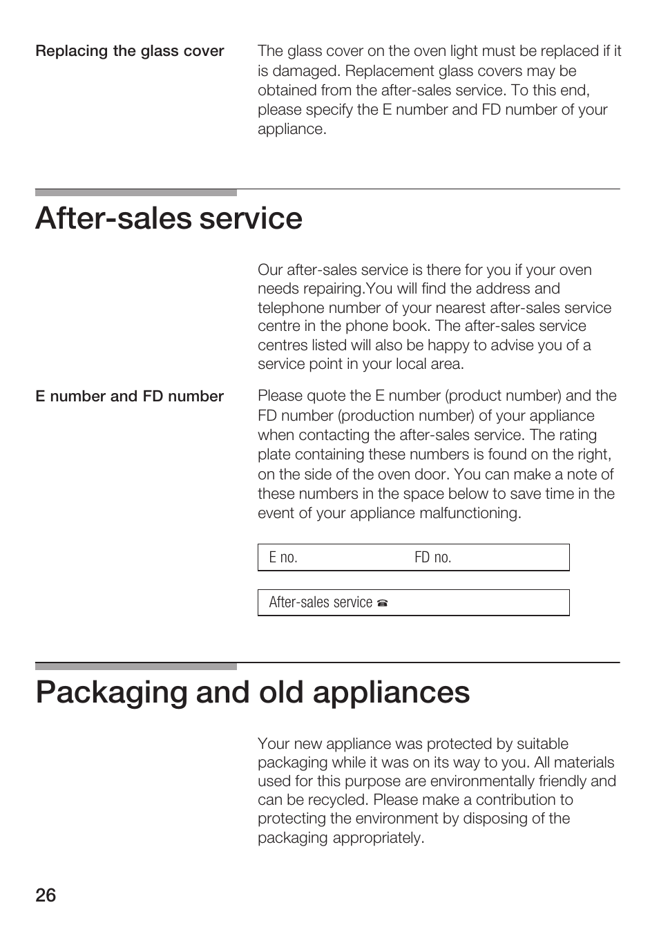 Afterćsales service, Packaging and old appliances | Bosch HBN 1312.0 A User Manual | Page 26 / 36