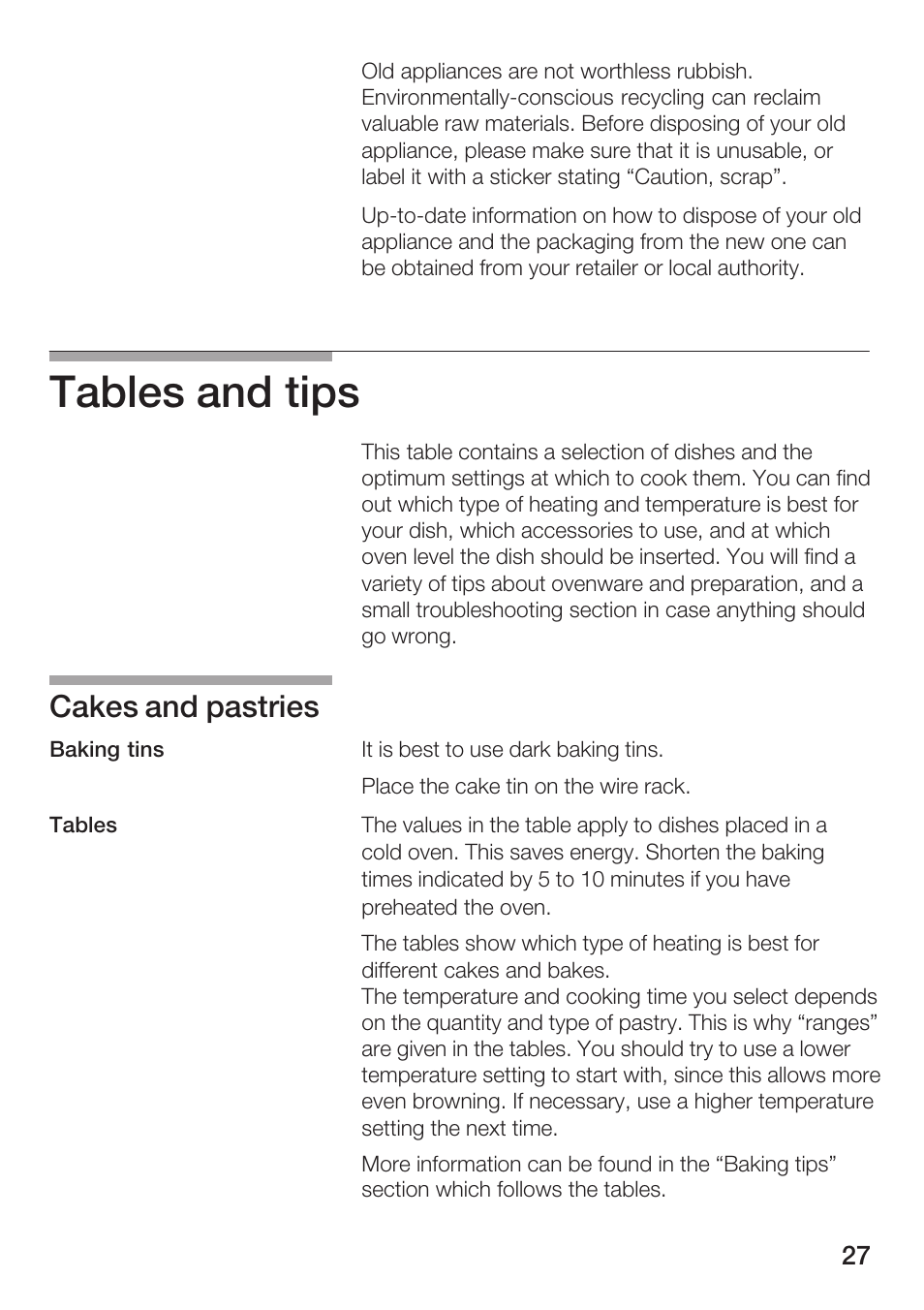 Tables and tips, Cakes and pastries | Bosch HBN 1312.0 A User Manual | Page 27 / 36