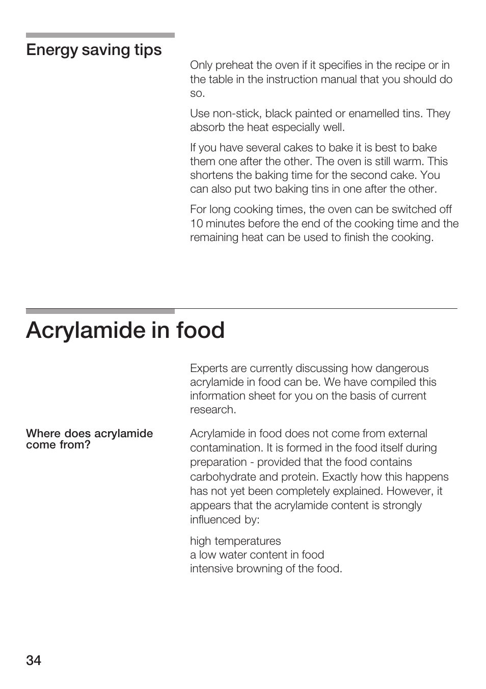 Acrylamide in food, Energy saving tips | Bosch HBN 1312.0 A User Manual | Page 34 / 36