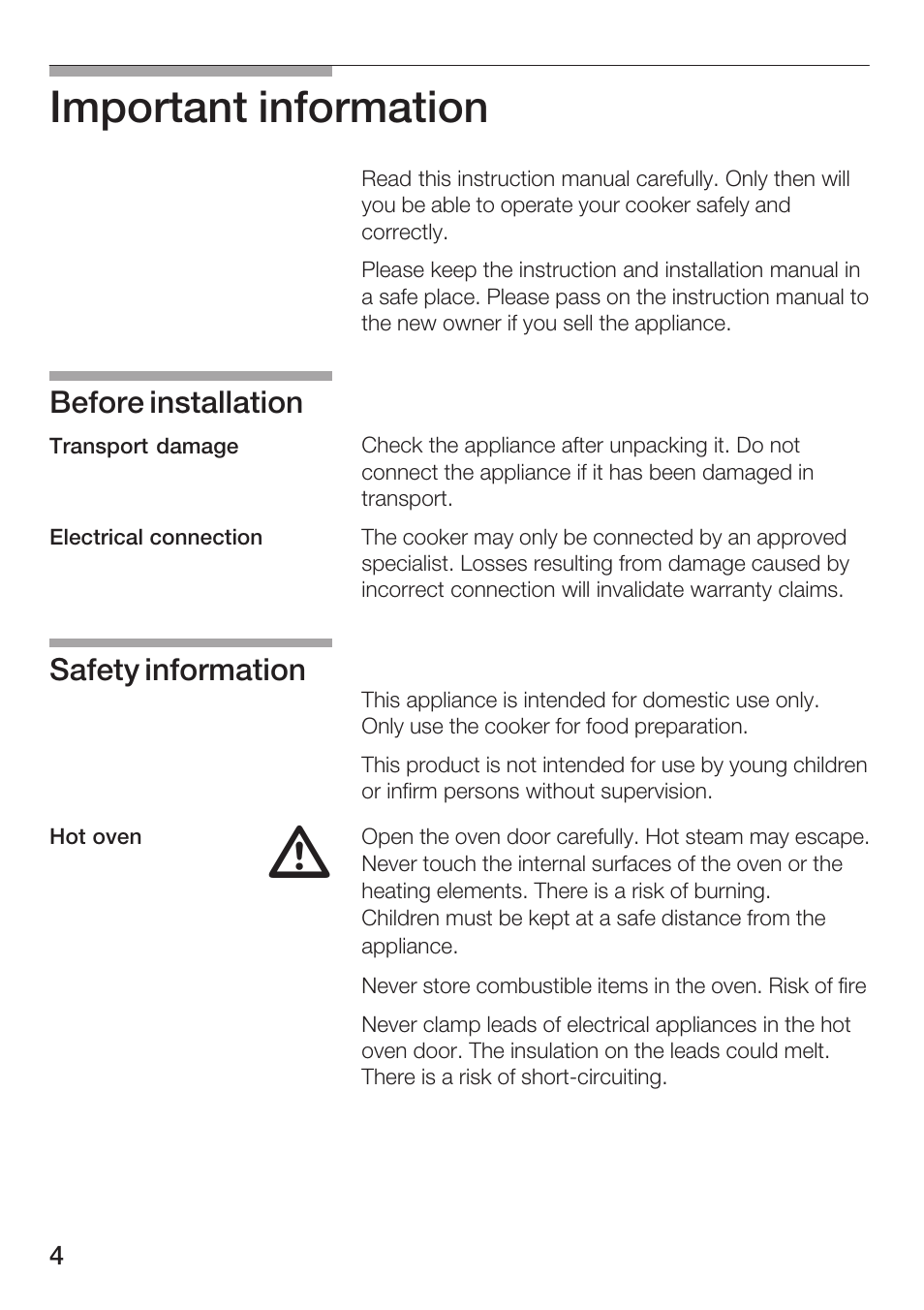 Important information, Before installation, Safety information | Bosch HBN 1312.0 A User Manual | Page 4 / 36