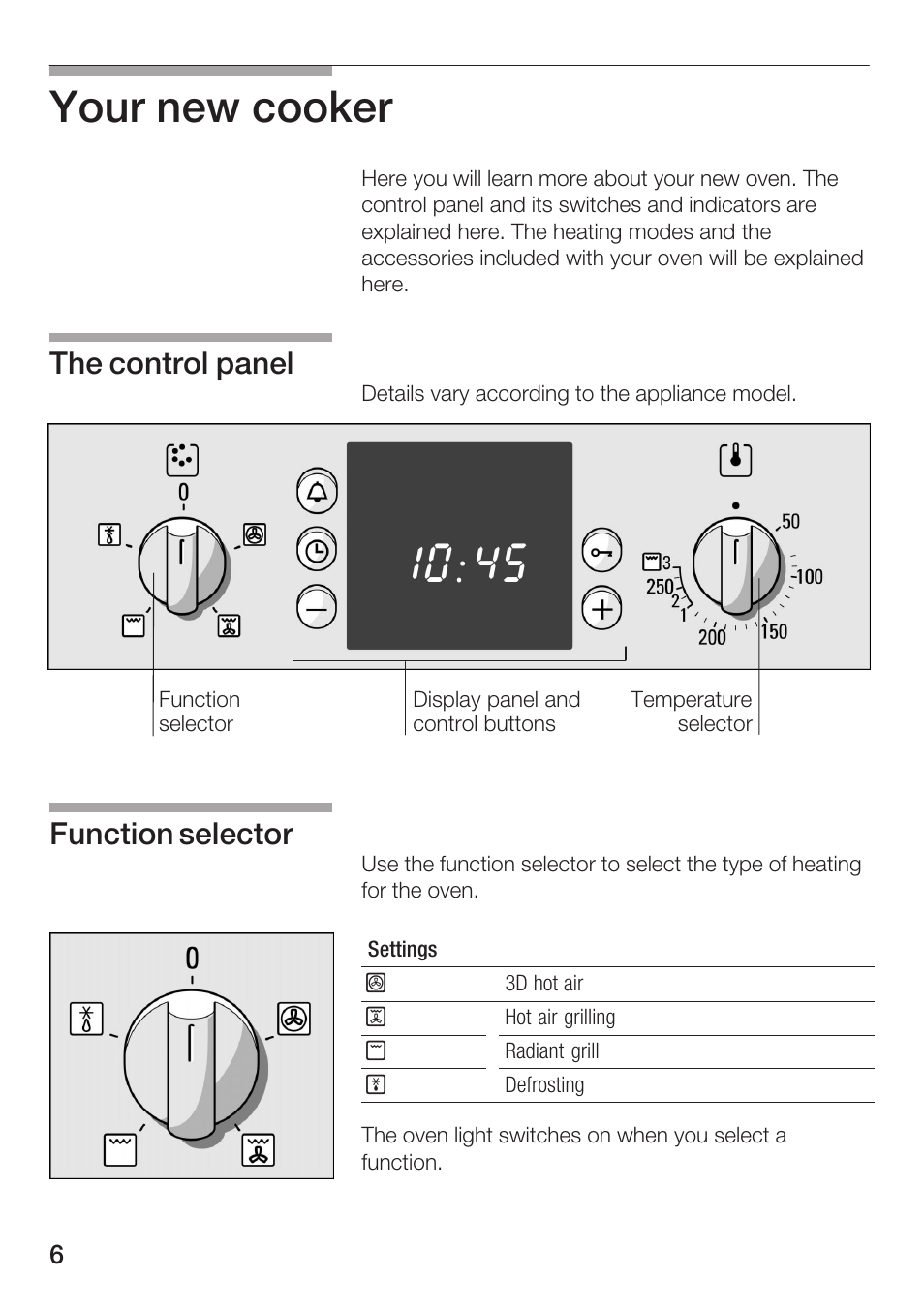 Your new cooker, The control panel function selector | Bosch HBN 1312.0 A User Manual | Page 6 / 36