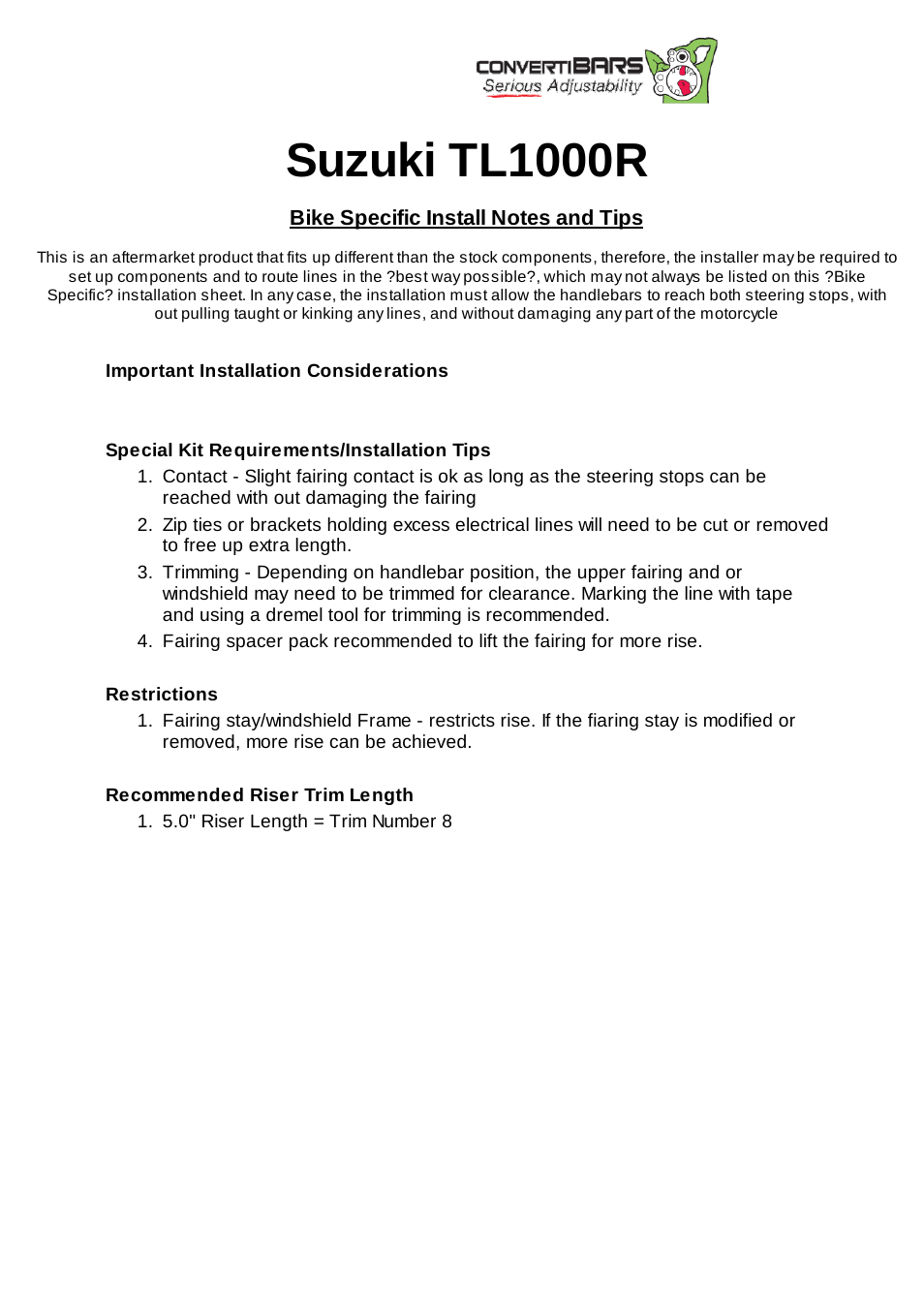 ConvertiBARS Suzuki: TL1000R User Manual | 1 page