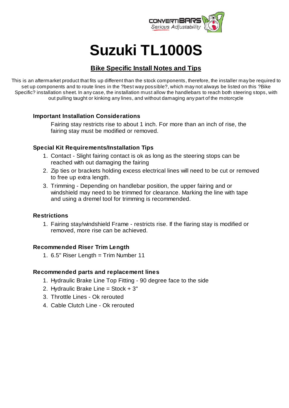 ConvertiBARS Suzuki: TL1000S User Manual | 2 pages