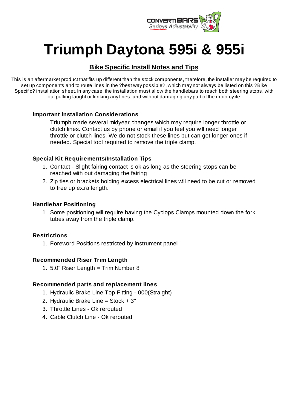 ConvertiBARS Triumph: Daytona 595i & 955i User Manual | 2 pages