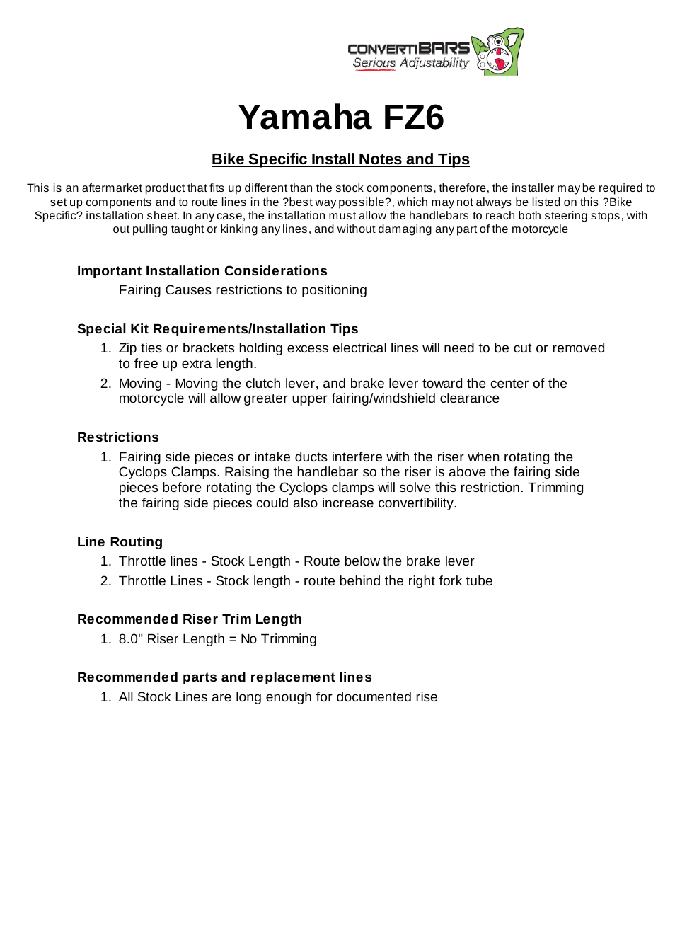 ConvertiBARS Yamaha: FZ6 User Manual | 2 pages
