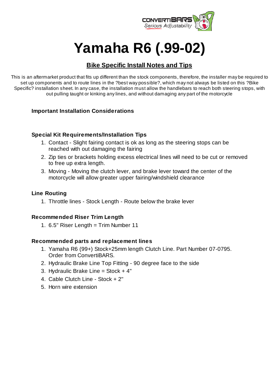 ConvertiBARS Yamaha: R6 (.99-02) User Manual | 2 pages