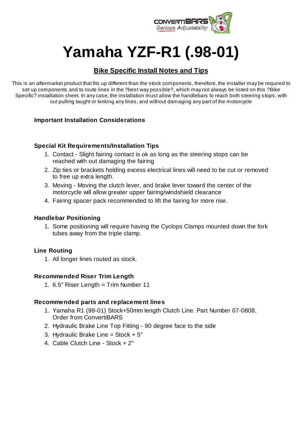 ConvertiBARS Yamaha: YZF-R1 (.98-01) User Manual | 2 pages