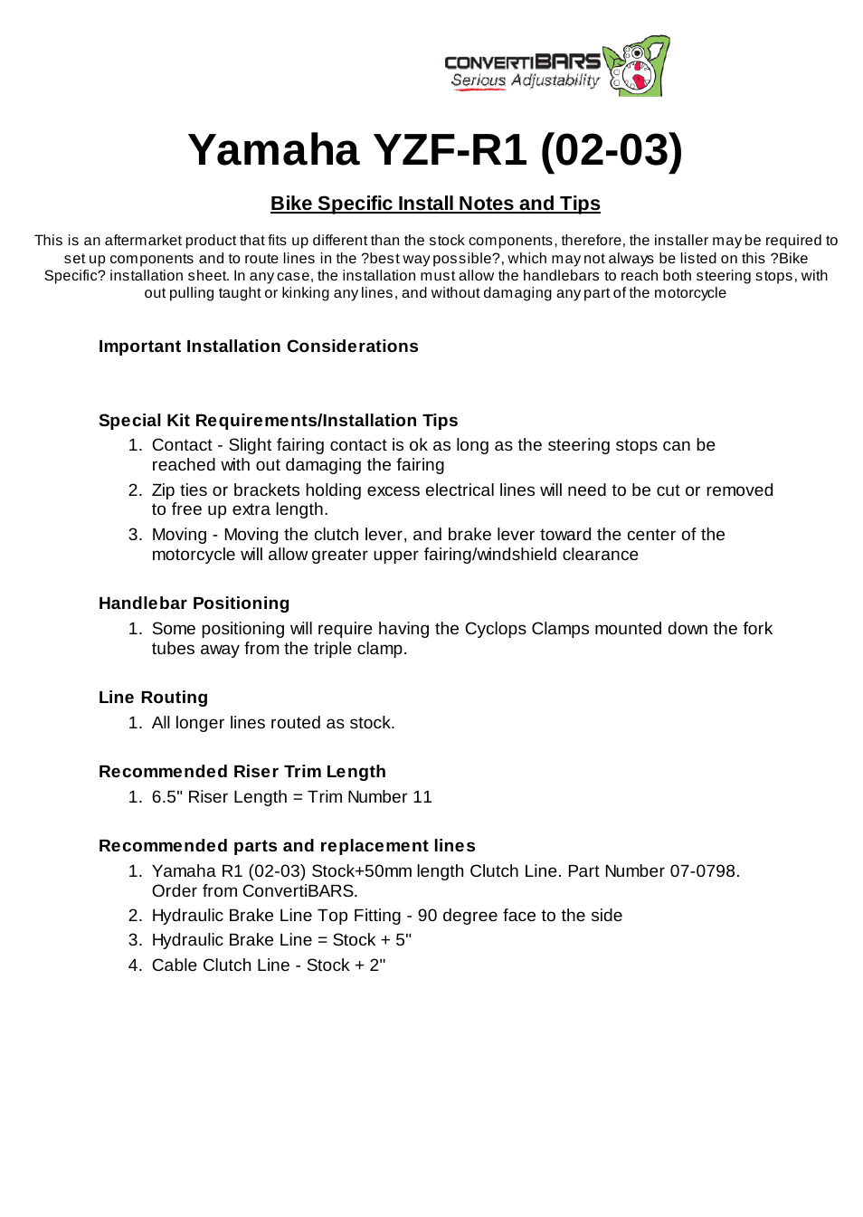 ConvertiBARS Yamaha: YZF-R1 (02-03) User Manual | 1 page