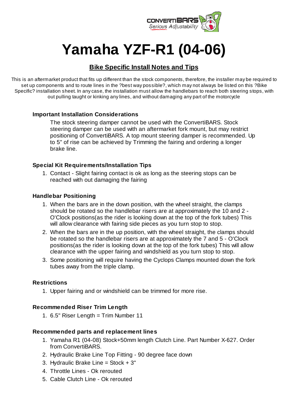 ConvertiBARS Yamaha: YZF-R1 (04-06) User Manual | 2 pages