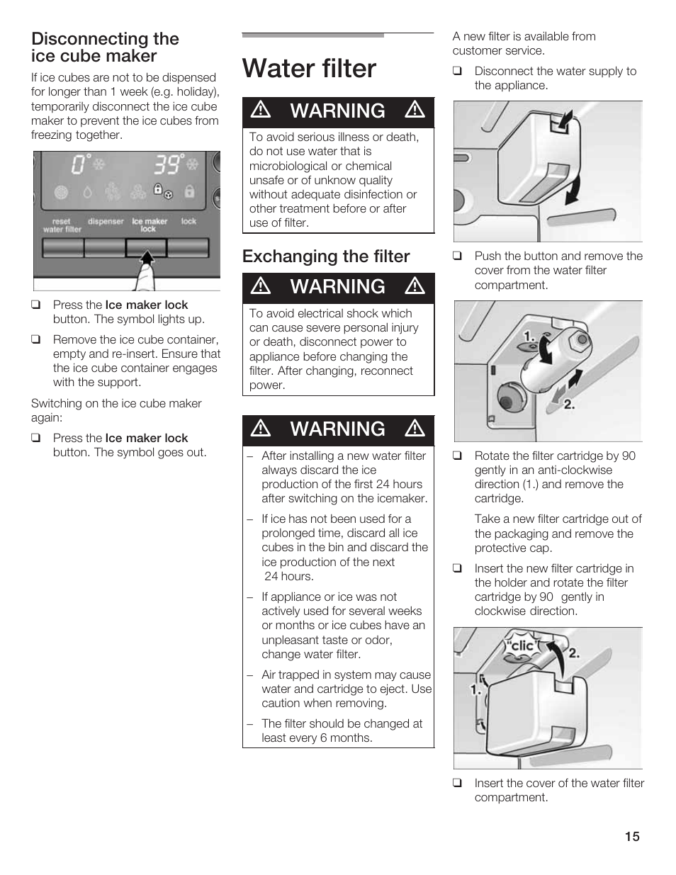 Water filter, Warning, Disconnecting the ice cube maker | Exchanging the filter | Bosch B20CS5 User Manual | Page 14 / 77