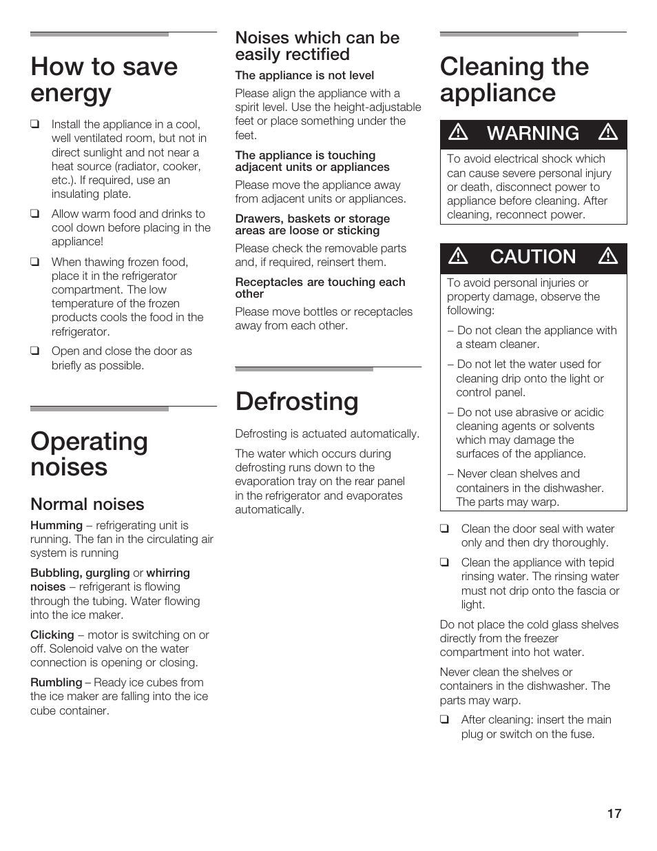 How to save energy, Operating noises, Defrosting | Cleaning the appliance, Warning, Caution, Normal noises, Noises which can be easily rectified | Bosch B20CS5 User Manual | Page 16 / 77