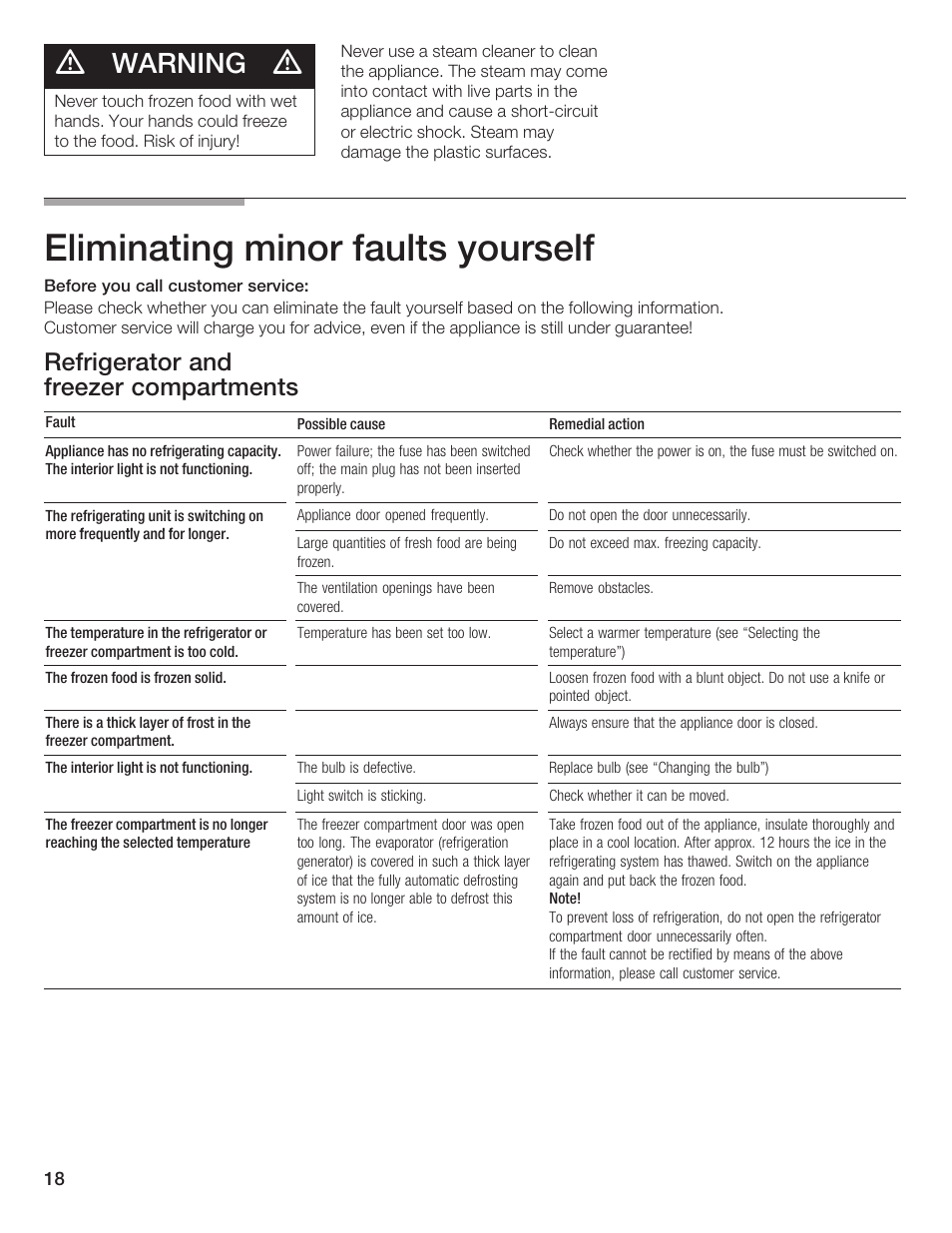 Eliminating minor faults yourself, Warning, Refrigerator and freezer compartments | Bosch B20CS5 User Manual | Page 17 / 77