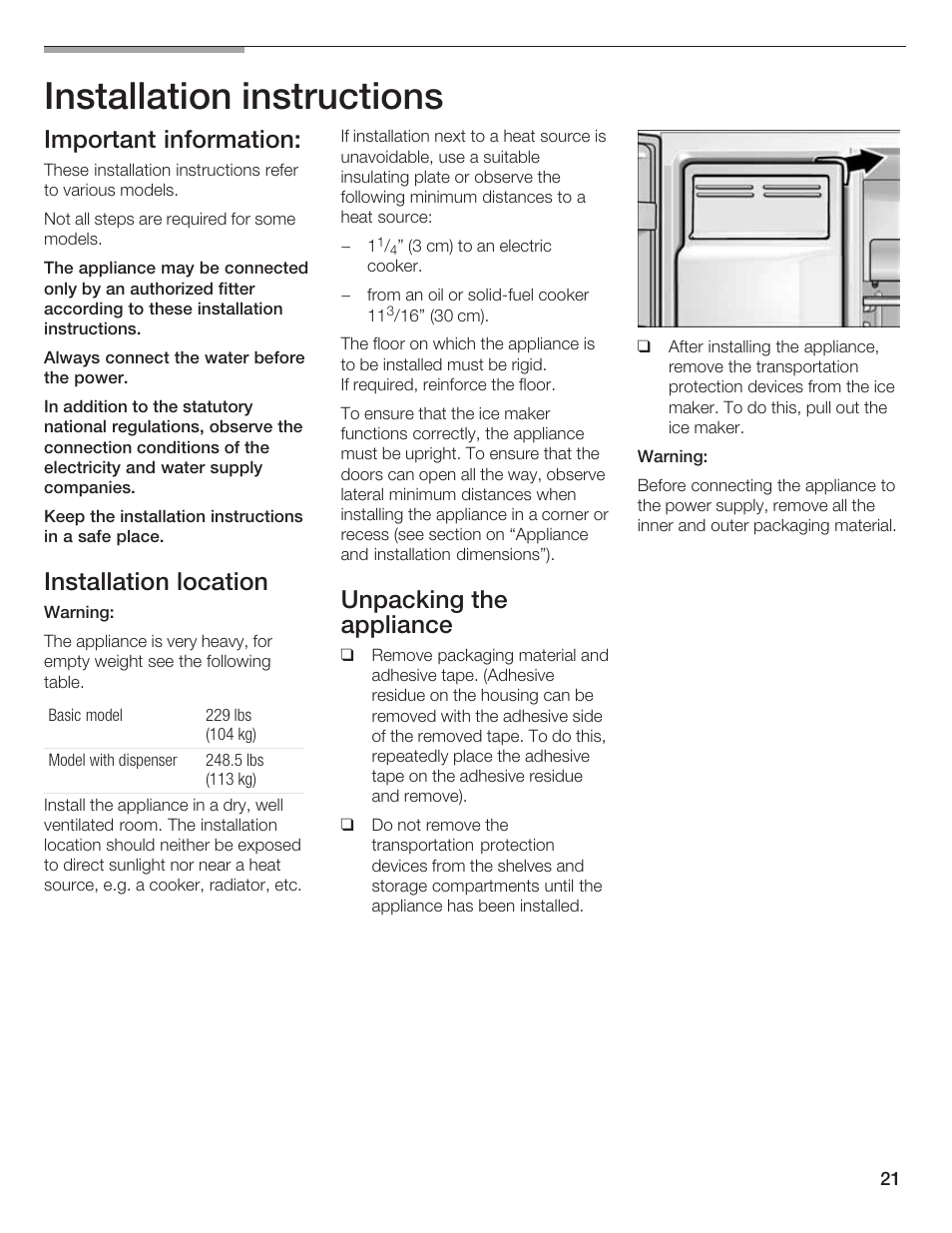 Installation instructions, Important information, Installation location | Unpacking the appliance | Bosch B20CS5 User Manual | Page 20 / 77